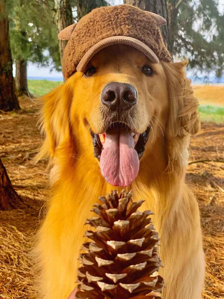 un perro con un sombrero en la cabeza y un cono de pino en el fondo