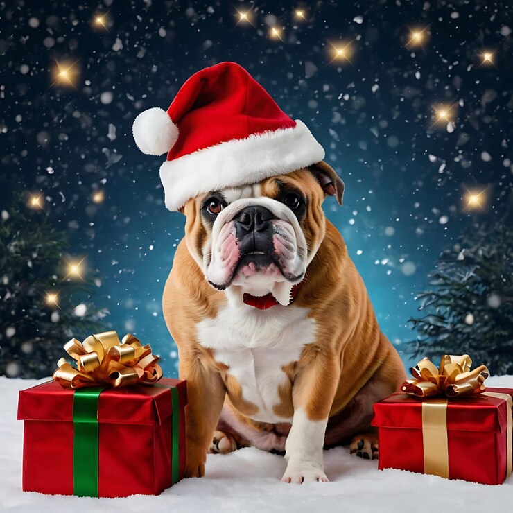 un perro con un sombrero en la cabeza se sienta frente a un árbol de Navidad