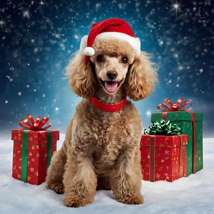 un perro con un sombrero en la cabeza se sienta en la nieve con regalos