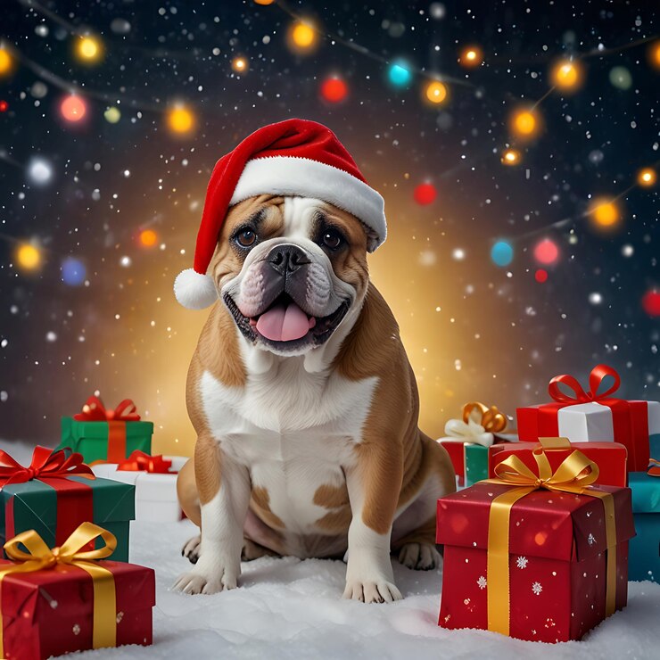 un perro con un sombrero en la cabeza se sienta entre los regalos