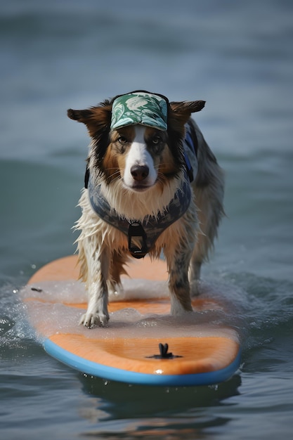 Un perro con sombrero y chaleco monta una tabla de surf.