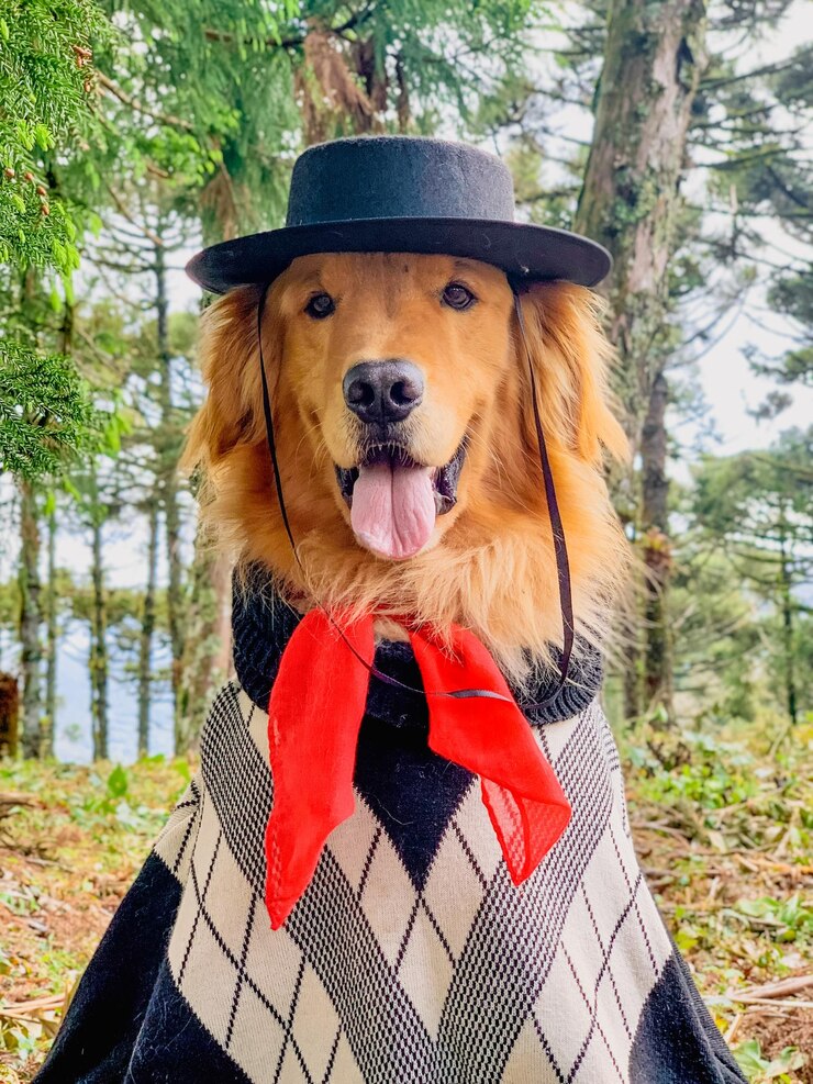 un perro con un sombrero con una cinta roja alrededor de su cuello