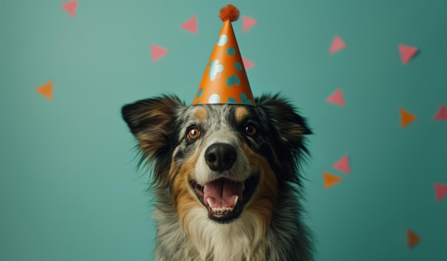 Foto un perro con un sombrero de cumpleaños