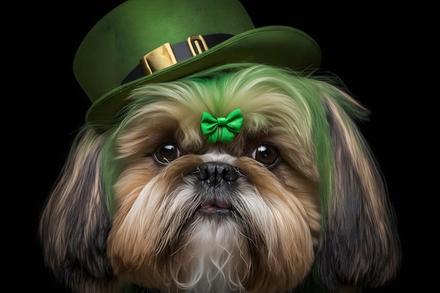 Un perro con un sombrero de duende con un lazo verde