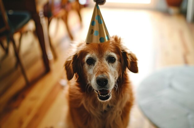 un perro con un sombrero de fiesta está soplando un silbato