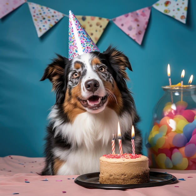 Perro con un sombrero de fiesta en una fiesta de cumpleaños Australian Shepherd