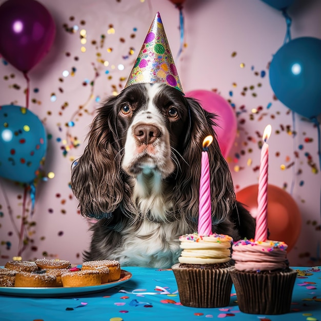 Perro con un sombrero de fiesta en una fiesta de cumpleaños Cocker Spaniel inglés