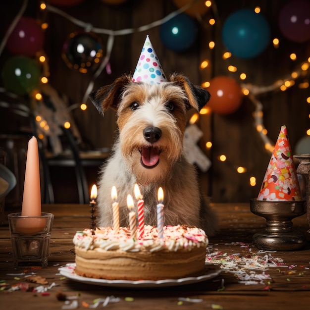 Perro con un sombrero de fiesta en una fiesta de cumpleaños fox terrier