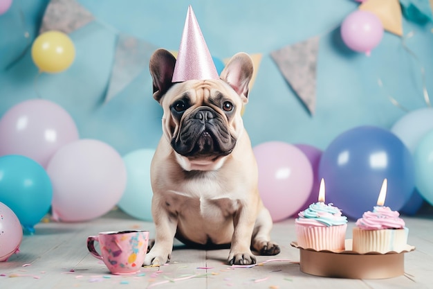 Un perro con un sombrero de fiesta se sienta frente a un pastel de cumpleaños y pastelitos.