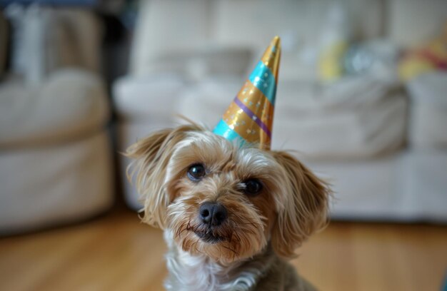 perro con un sombrero de fiesta