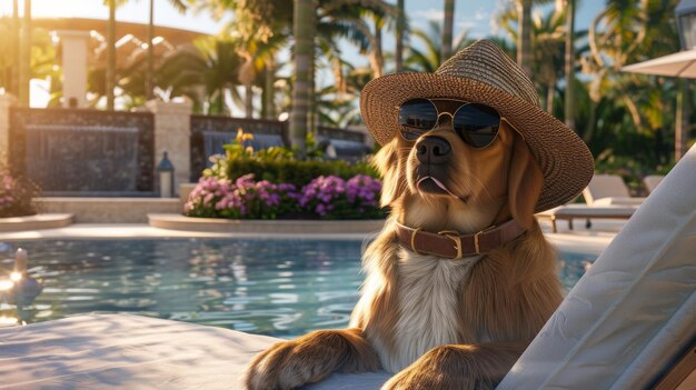 Un perro con un sombrero y gafas de sol está sentado en una silla junto a una piscina