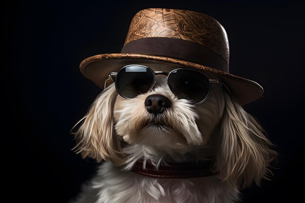 Un perro con sombrero y gafas de sol Retratos de estudio de mascotas