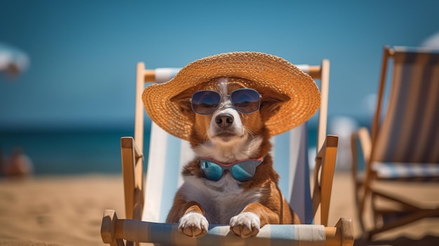 Un perro con sombrero y gafas de sol se sienta en una silla de playa con sombrero de paja y gafas de sol.