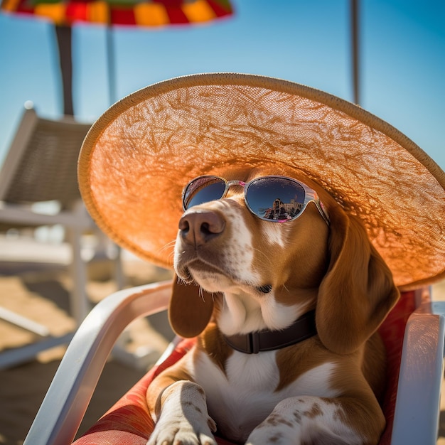 Un perro con sombrero y gafas de sol se sienta en una silla de playa.