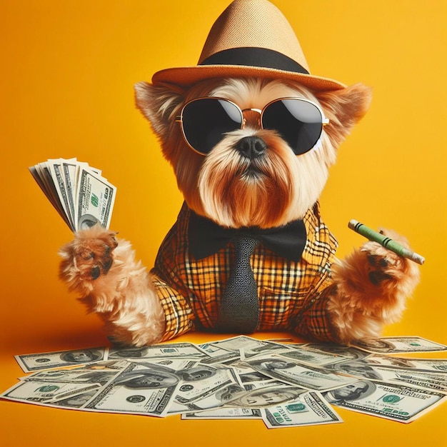 Foto un perro con un sombrero y gafas de sol sostiene un bolígrafo y algo de dinero