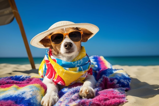 Un perro con sombrero y gafas de sol yace en una playa con una silla de playa al fondo.