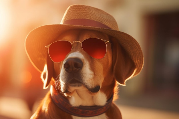 Un perro con sombrero y gafas de sol.