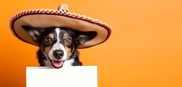 perro con un sombrero mexicano y mirando un letrero blanco