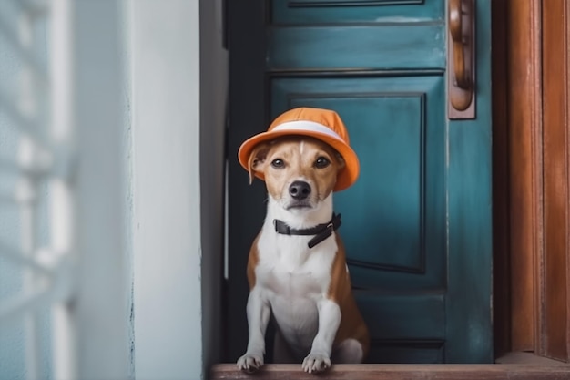 Un perro con un sombrero naranja se sienta en un escalón frente a una puerta