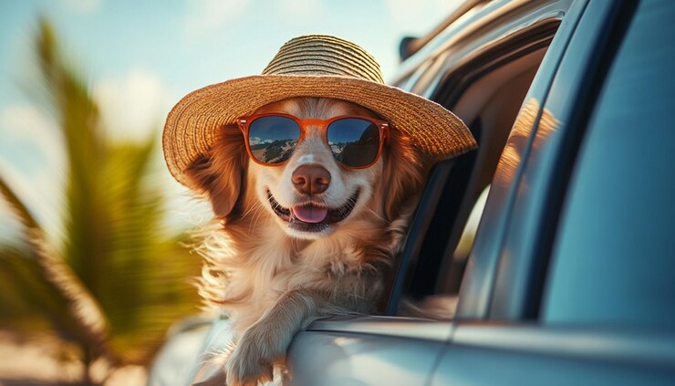 un perro con un sombrero de paja está sentado en un coche con gafas de sol