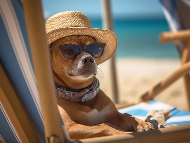 Un perro con sombrero de paja y gafas de sol se sienta en una silla de playa.