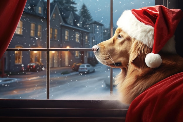 Perro con sombrero de Papá Noel observando cuidadosamente desde una ventana AI Generative