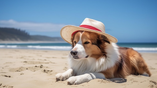 Un perro con sombrero en la playa