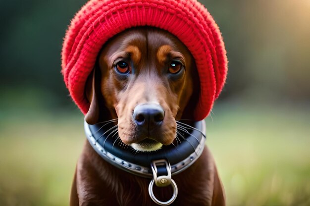Un perro con un sombrero rojo con un collar que dice "el perro".