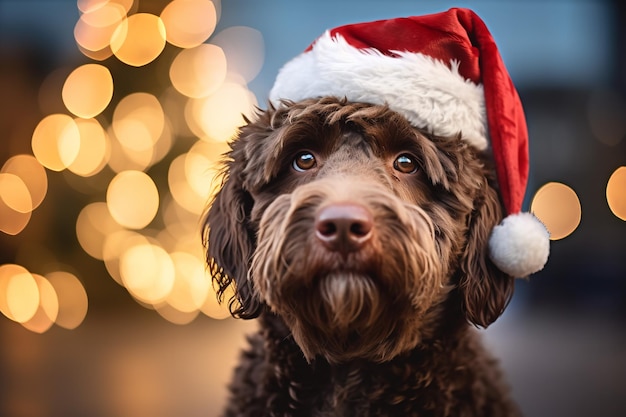 Perro con sombrero rojo de Santa Claus árbol de Navidad en el fondo IA generativa