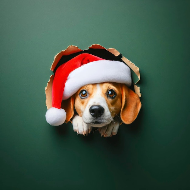 Un perro con un sombrero rojo de Santa mira a través de un agujero en la pared verde