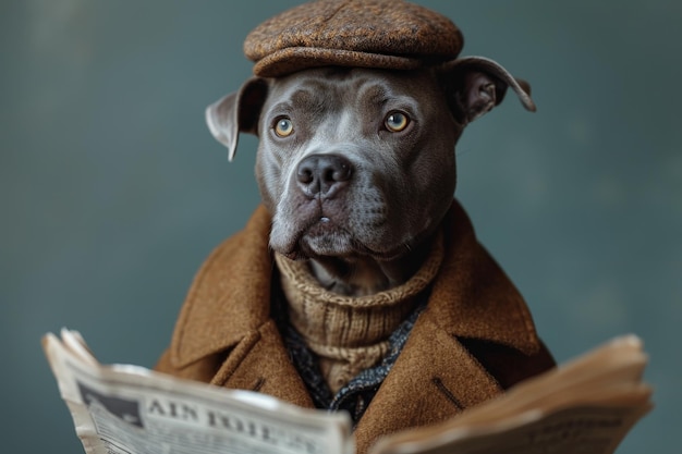 Un perro con un sombrero y ropa lee una carta en un fondo azul