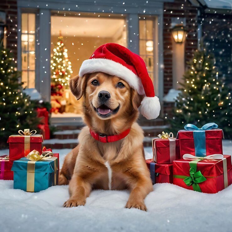 un perro con un sombrero de Santa se sienta frente a un árbol de Navidad
