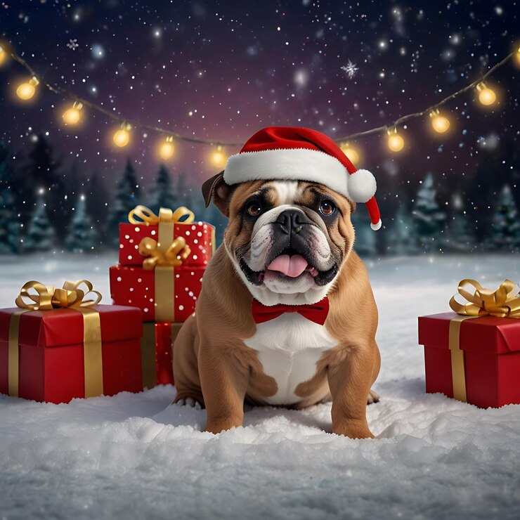 un perro con un sombrero de Santa se sienta en la nieve con un sombreiro de Santa