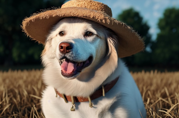 Un perro con sombrero se sienta en un campo.