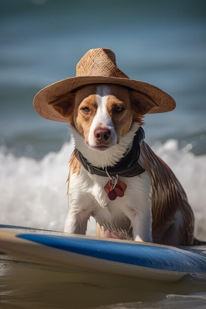 Foto un perro con sombrero se sienta en una tabla de surf.