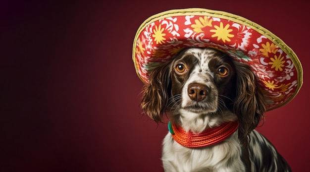 Un perro en un sombrero sobre un fondo rojo.