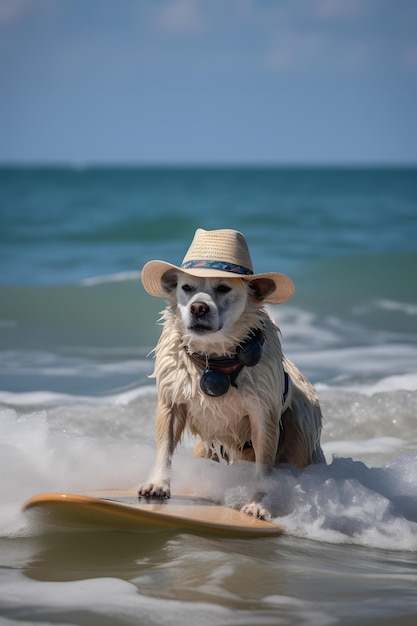 Un perro con sombrero y sombrero está en una tabla de surf.