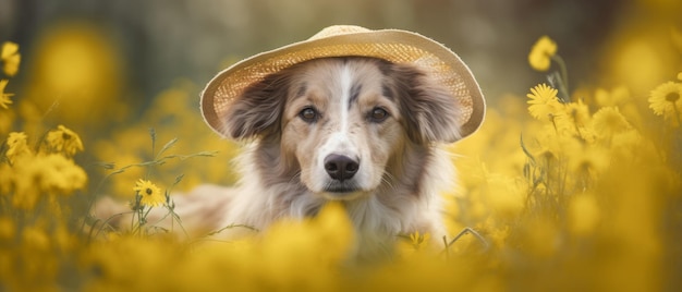 Un perro con sombrero y sombrero de paja se sienta en un campo de flores amarillas.