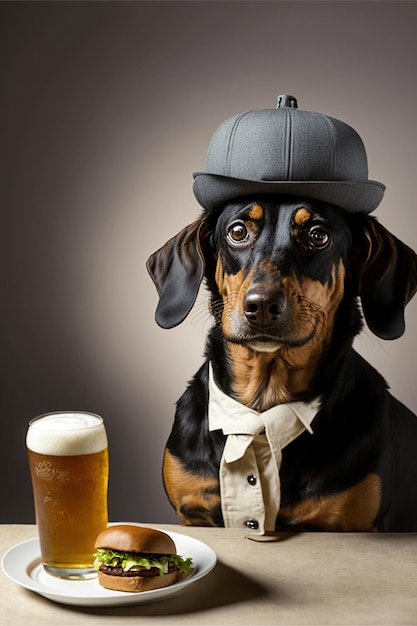 Un perro con sombrero y un vaso de cerveza.
