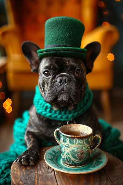 Foto un perro con un sombrero verde y una bufanda sentado junto a una taza de café