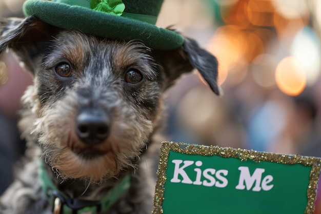 Foto un perro con un sombrero verde con las palabras 