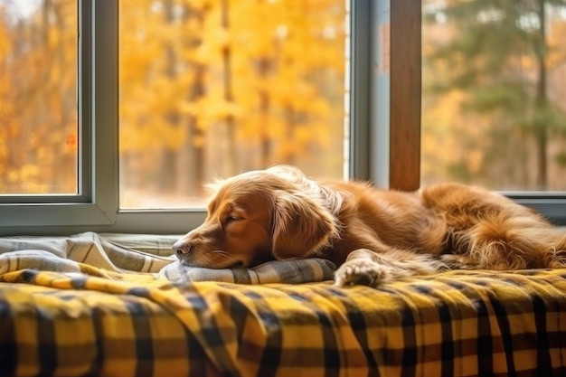 El perro soñador duerme en un cálido y acogedor alféizar en el concepto hygge del clima otoñal
