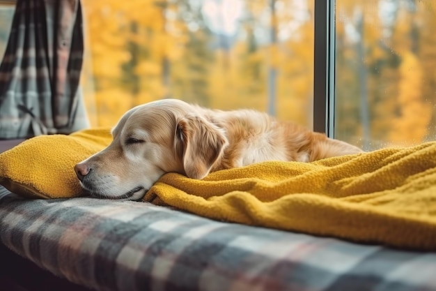 El perro soñador duerme en un cálido y acogedor alféizar en el concepto hygge del clima otoñal