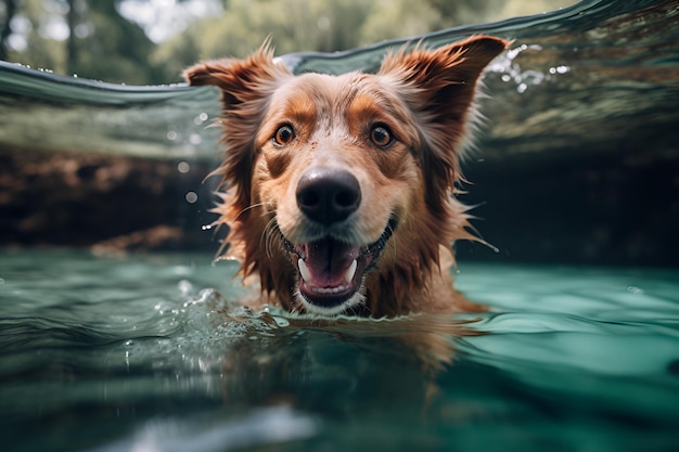 Perro sonriente en agua clara Perro feliz nadando IA generativa