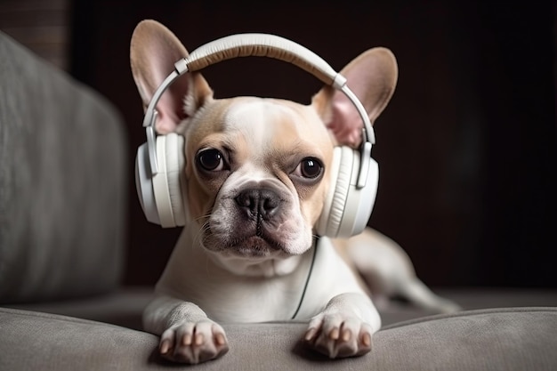 Un perro sonriente escucha música con auriculares con placer Ilustración generativa de IA