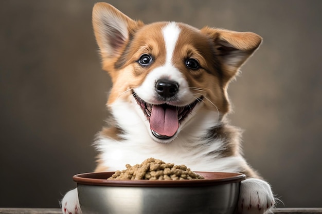 Perro sonriente frente al concepto de nutrición de alimentos para mascotas