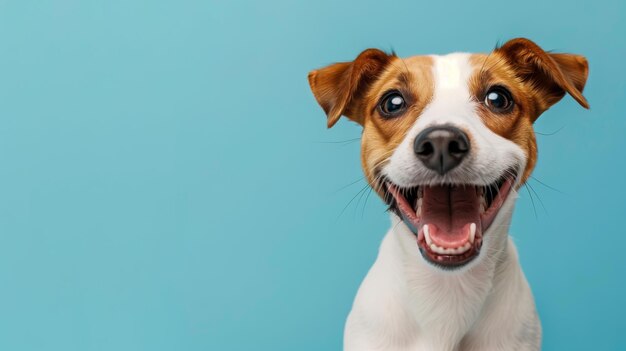 Perro sonriente Jack Russell terrier aislado en fondo azul con fotografía de mascotas del espacio de copia