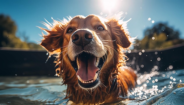 Perro sonriente lindo nadando y disfrutando en la piscina IA generativa