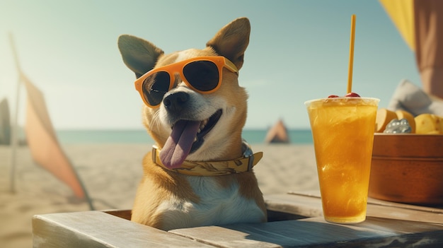 Perro de sonrisas felices con gafas de sol y bebidas en el fondo de la playa Concepto de tiempo de viaje de vacaciones