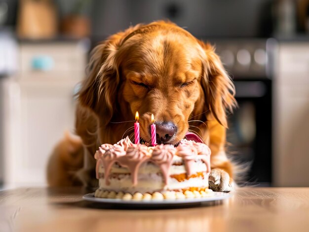 Un perro soplando velas en un pastel